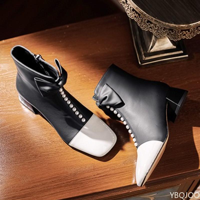 winter Thick heeled square toe side zipper short boots with butterfly bow anti slip warm temperament versatile women's shoes