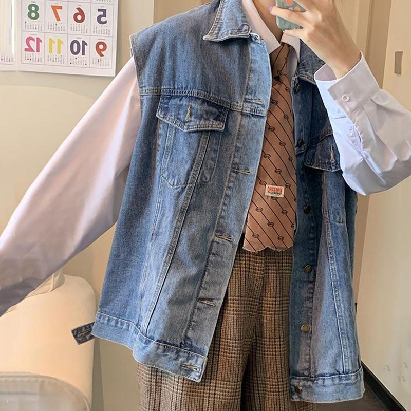 Gilet da Cowboy Primavera e Autunno Versione Coreana Personalità Largo Senza Maniche Clip per Cavallo Giacca Versatile Femminile