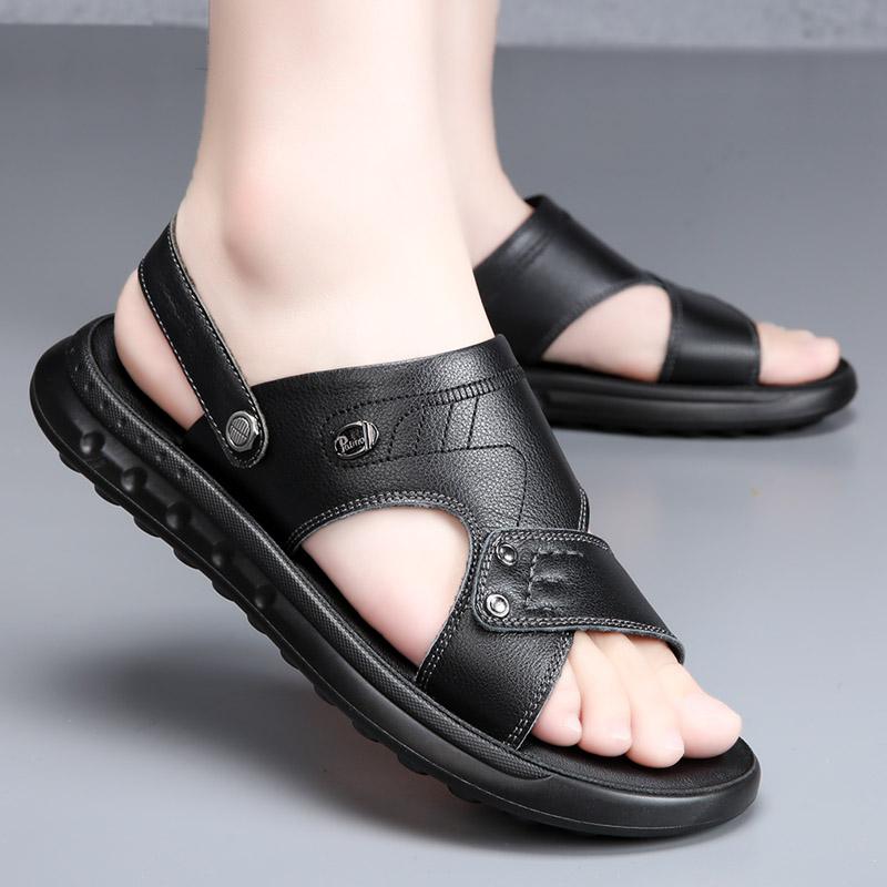 New Summer Genuine Leather Men Sandals Black Khaki Outdoor Casual Sandals Cowhide Beach Shoes Two Uses Men's Sandals Slippers