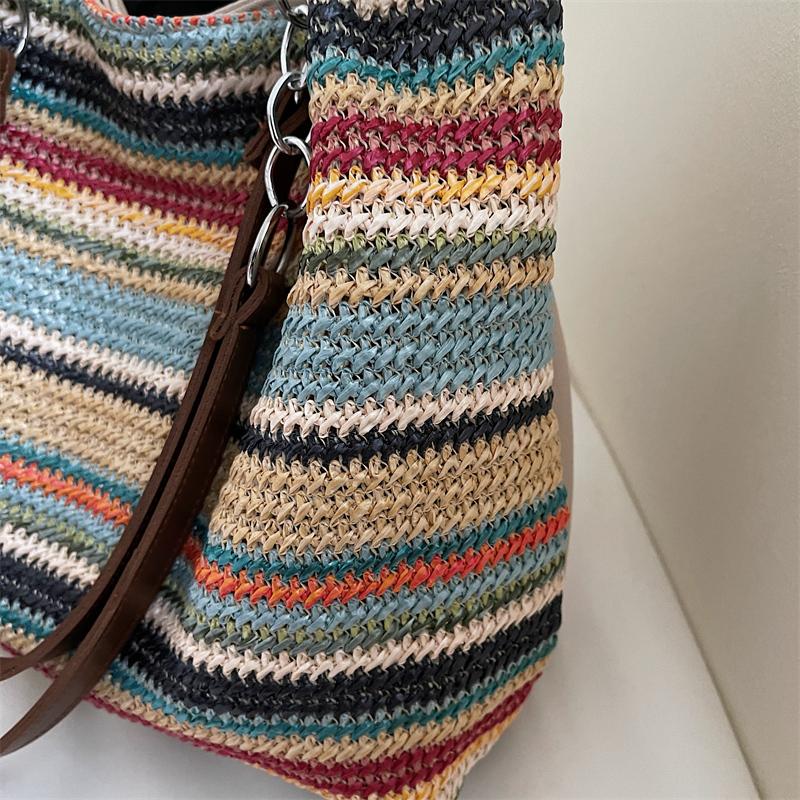 Shoulder Bag Women's Striped Contrast Color Tote Bag Woven Tote Bag Large Capacity Straw Woven Bag