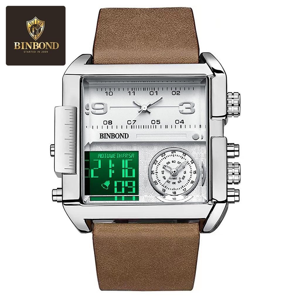 Binbang Fashion Men's Domineering Quartz Watch with Large Square Dial and Triple Display