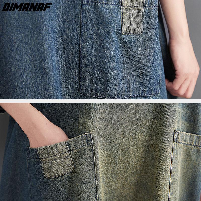 DIMANAF Plus Size Women 2025 New Dress Denim Autumn Long Sleeve Vintage Dress Long Dress Loose Dress Blue Basic Dresses