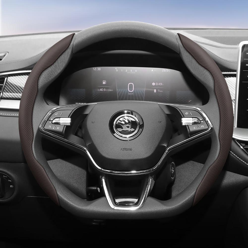 WFM1  Suitable for Skoda Breathable Leather Steering Wheel Cover with Segmented Quick-Release Design, Non-Slip and Durable, Octavia Rapid Kodiaq 