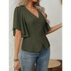 Women S V Neck Solid Color Single Breasted Waist Short Sleeve Blouse