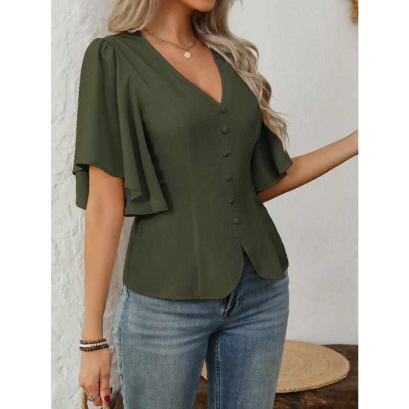 Women S V Neck Solid Color Single Breasted Waist Short Sleeve Blouse
