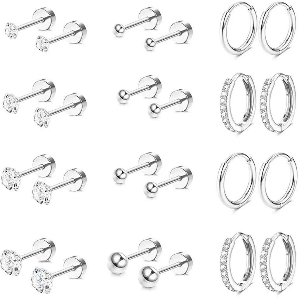 Stainless Steel Circle Huggie Hoop Earrings Set for Women Gold Color Unique Zircon Flower Stud Earring Piercing Jewelry