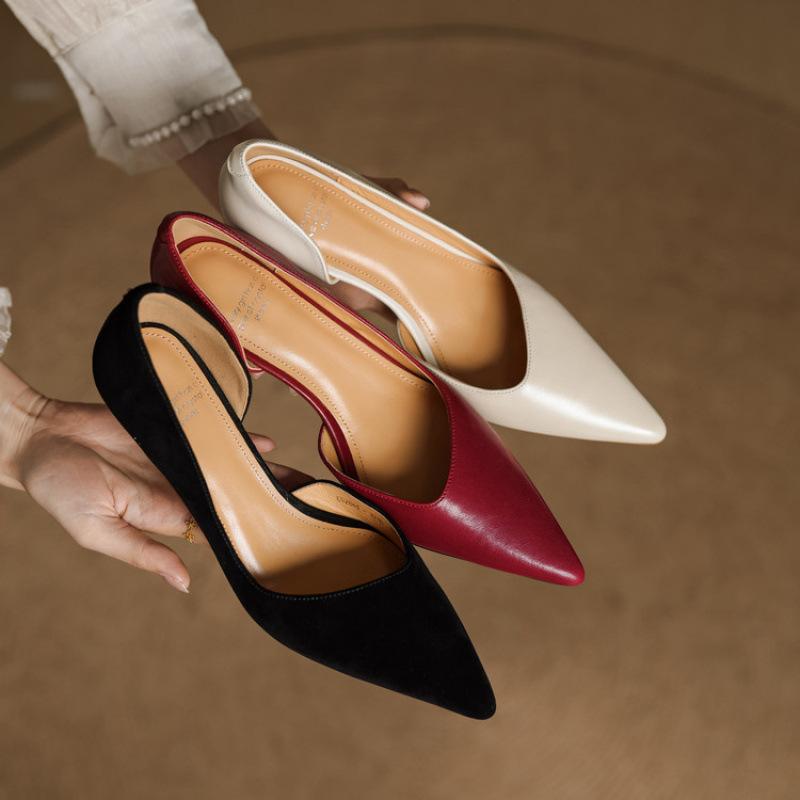 New hollow sandals women's summer women's high-heeled sandals casual beef tendon soft sole large and small size women's shoes pointed leather