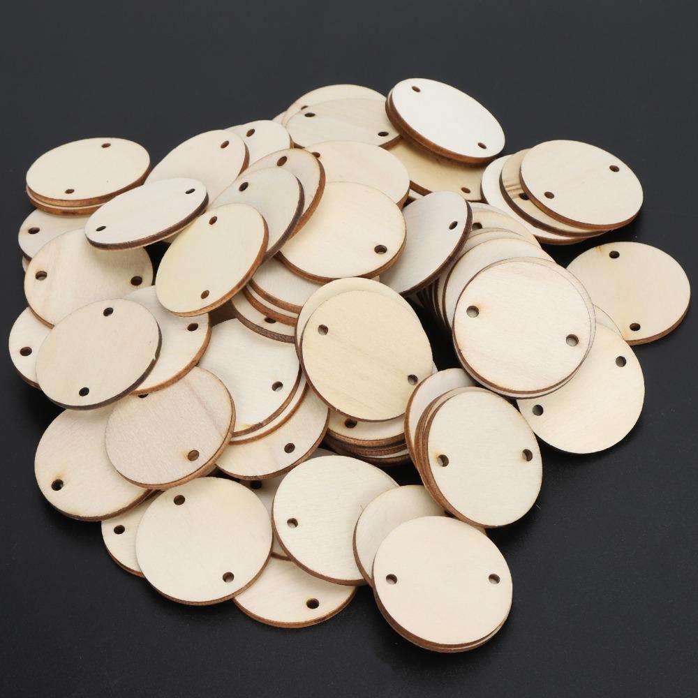 100pcs Wood Handmade DIY Unfinished Blank Wood Chips Round With Hole Wooden Pendants 3.5cm Round Wood Pieces Craft Decoration