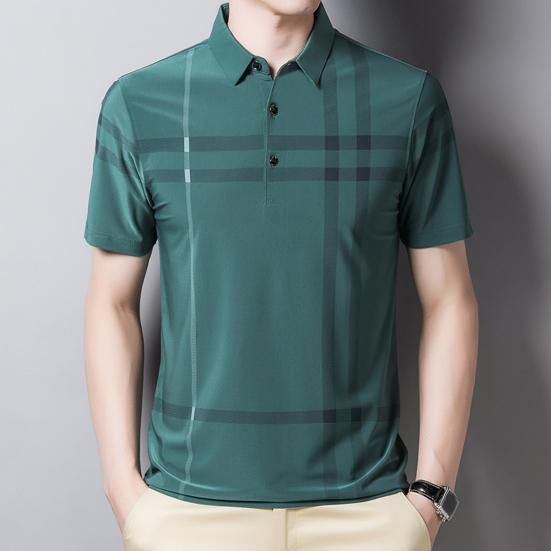 Camicia da uomo a righe a maniche corte con colletto alla coreana e fantasia dritta, T-shirt formale, Abbigliamento quotidiano