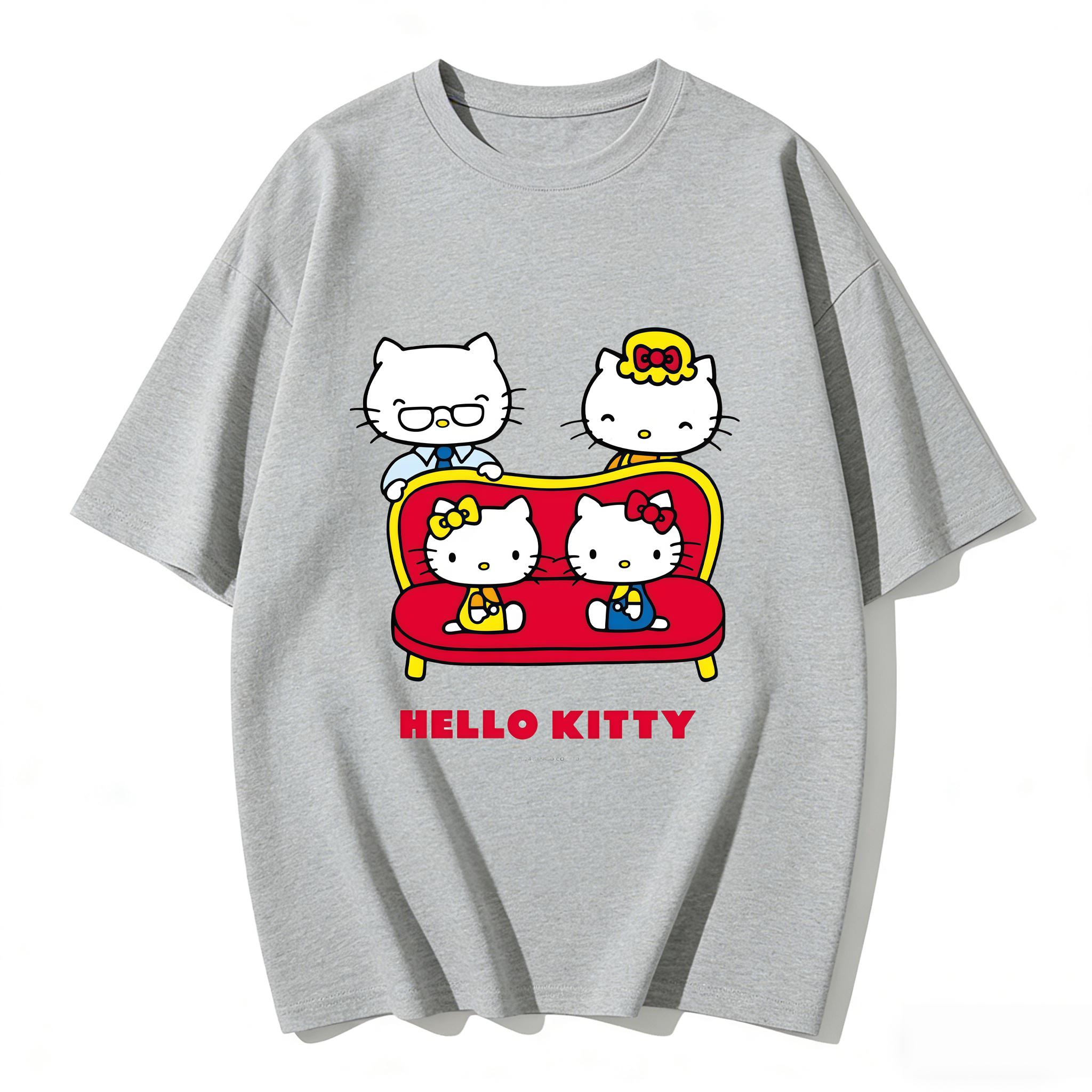 

2026 Summer Hello Kitty Cartoon Printed Short Sleeve Pure Cotton Tshirts Comfortable summer loosefitting Womens clothing S