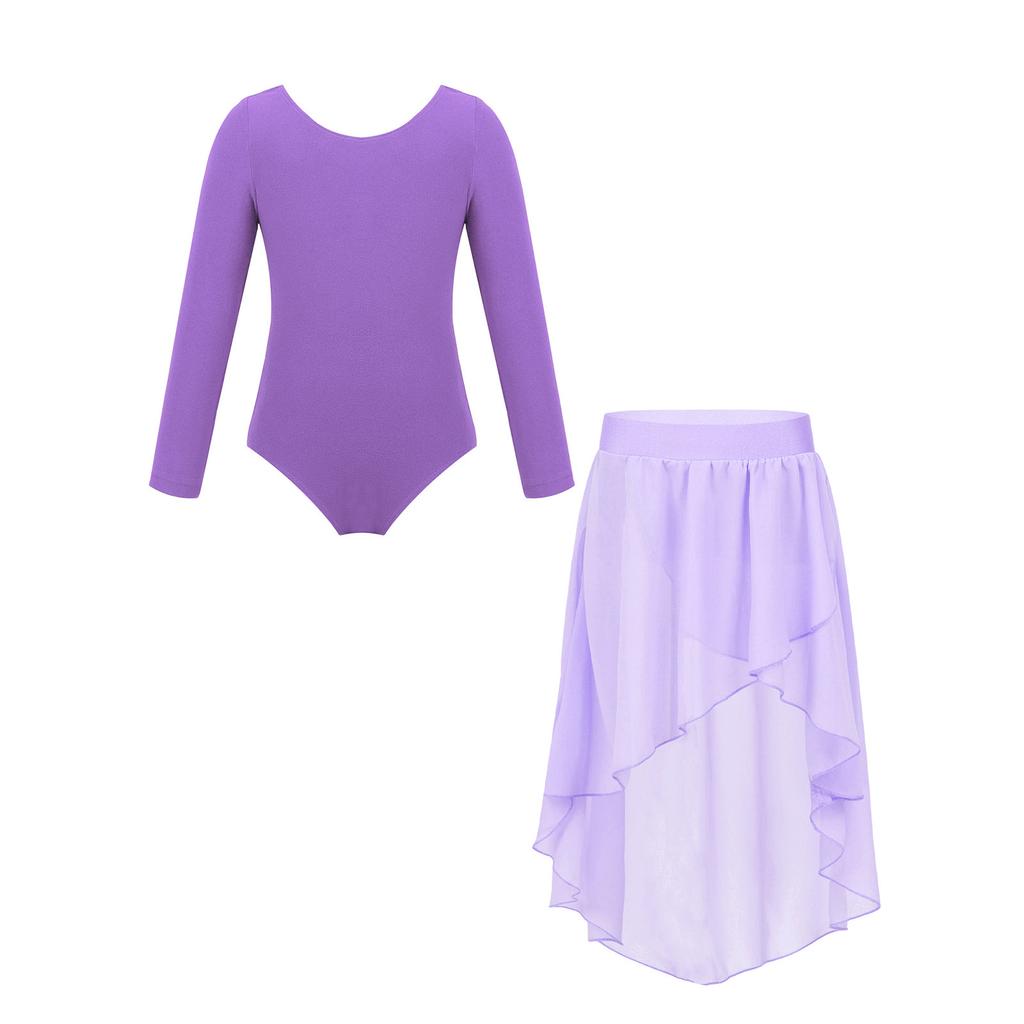Girls Ballet Dance Practice Performance Long Sleeve Leotard High Low Elastic Waistband Chiffon Skirt Outfit