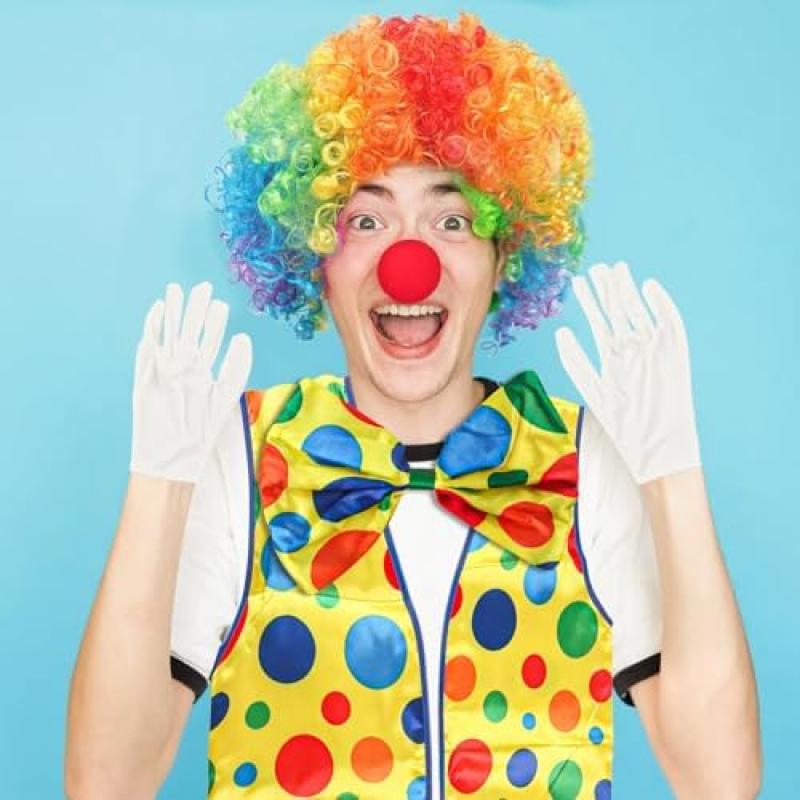 TIVUNORON Clown Costume Set, 5Pcs Clown Accessories Includes Rainbow Vest Wig Red Nose Bow Tie Gloves, Circus Carnival Cosplay Costume
