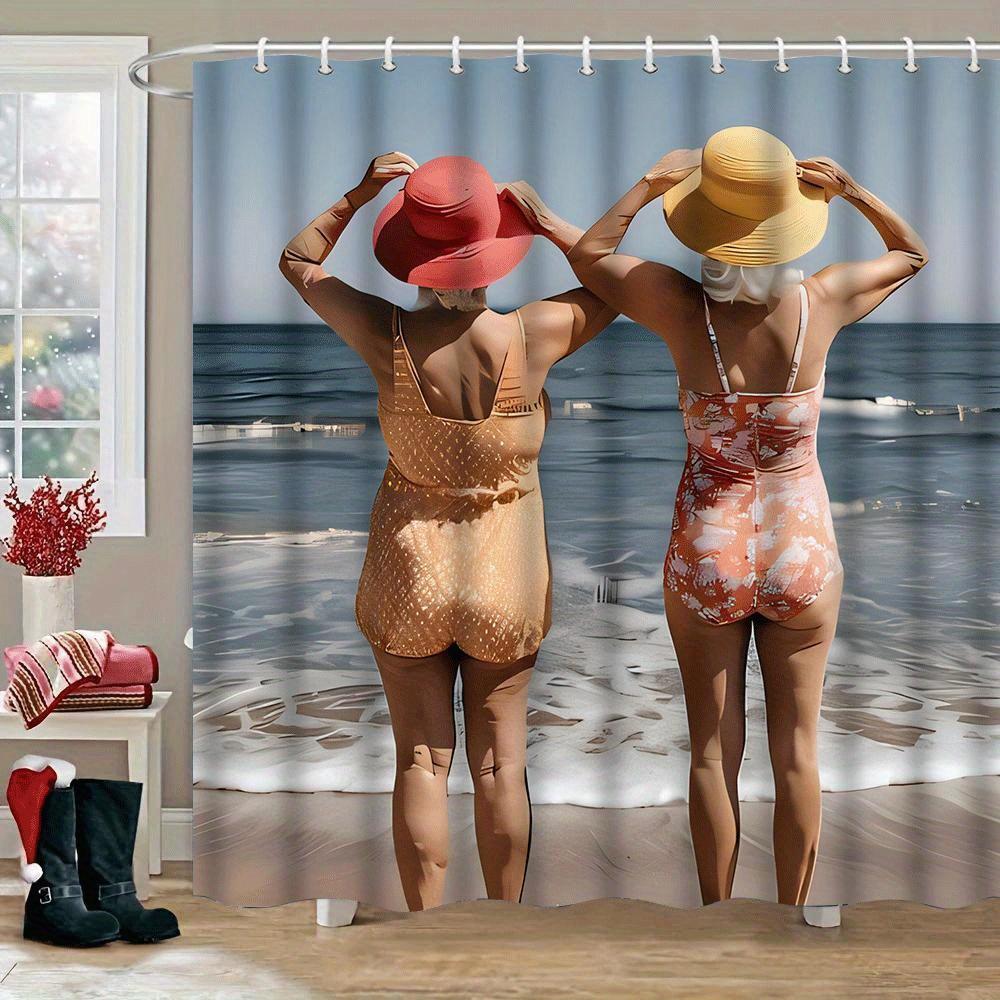 

1 шт. Печатная шторка для душа «Старые друзья на отдыхе» с крючками - Утолщенная полиэстеровая ткань, Дизайн с пляжной сценой, Машинная стирка 90x180cm