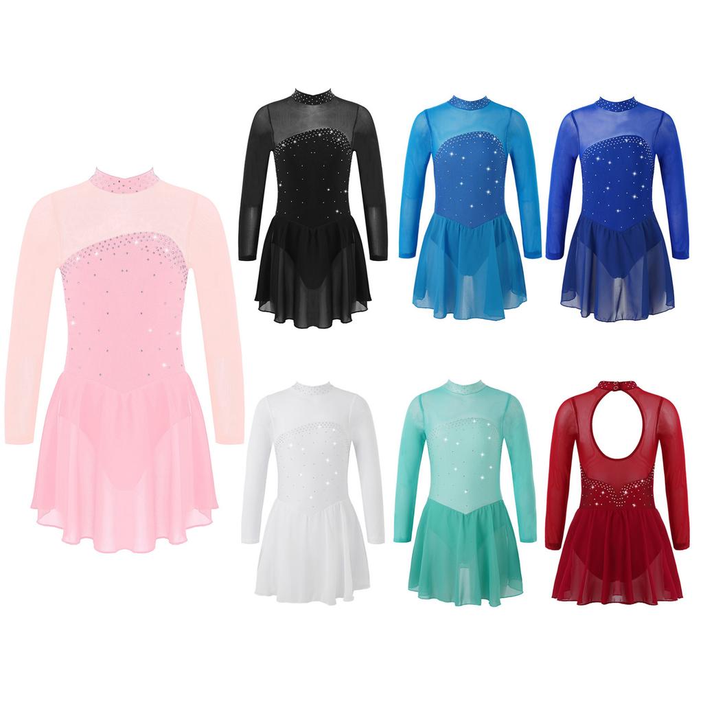 Pailletten Figur Eislaufen Roller Skating Tanz Kostüm Frauen Tüll Gymnastic Trikot Lange Ärmel Mesh Splice Ballett Dancewear