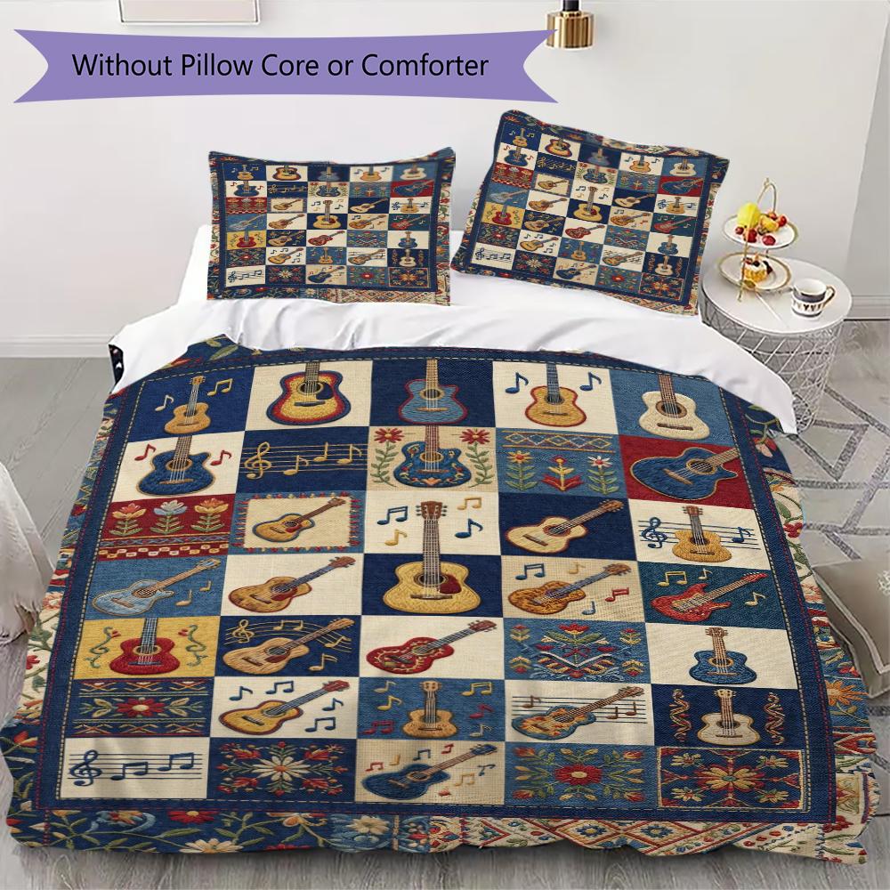 Guitar Music Pattern Bedding uilt Set uilt Cover Pillowcase Home Decoration Birthday Gift (1 * duvet cover + 2 * pillowcase  without core)56