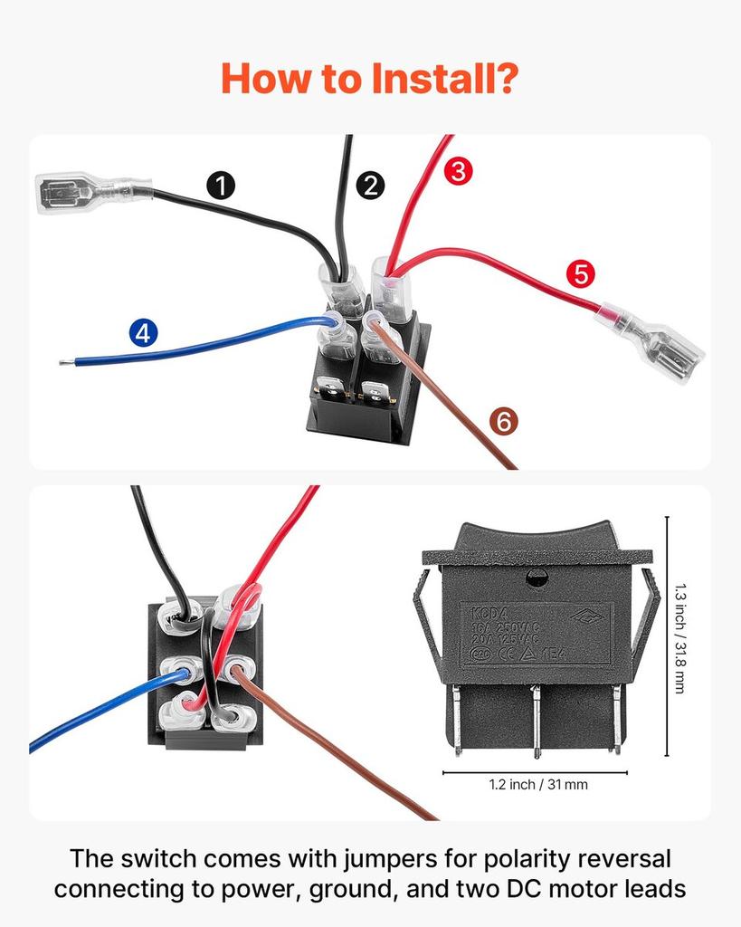 Rocker Switch, 6 Pin Momentary DPDT Rocker Switch, 3-Position (ON)-Off-(ON) Polarity Reversing Switch AC 250V/16A 125V/ 20A for Auto Car Boat