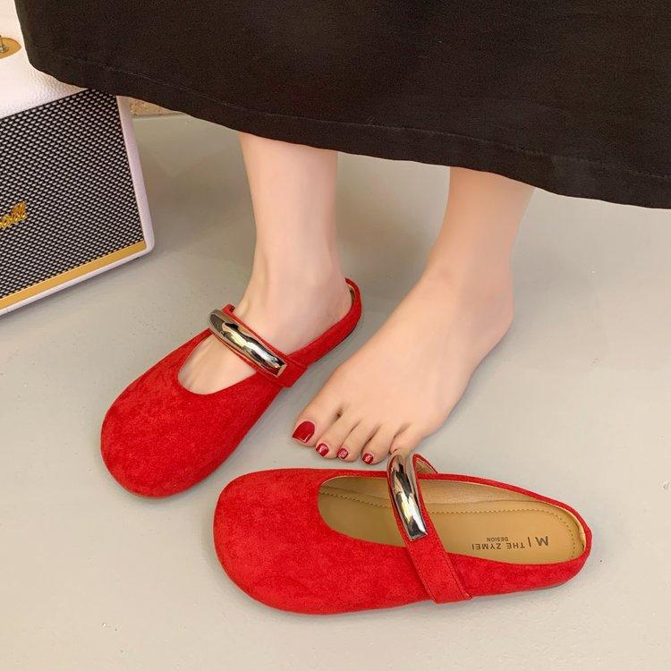 Solid color Mary Jane bag head half slippers women's 2025 new one-pedal light mouth metal flat bottom fashion drag breathable