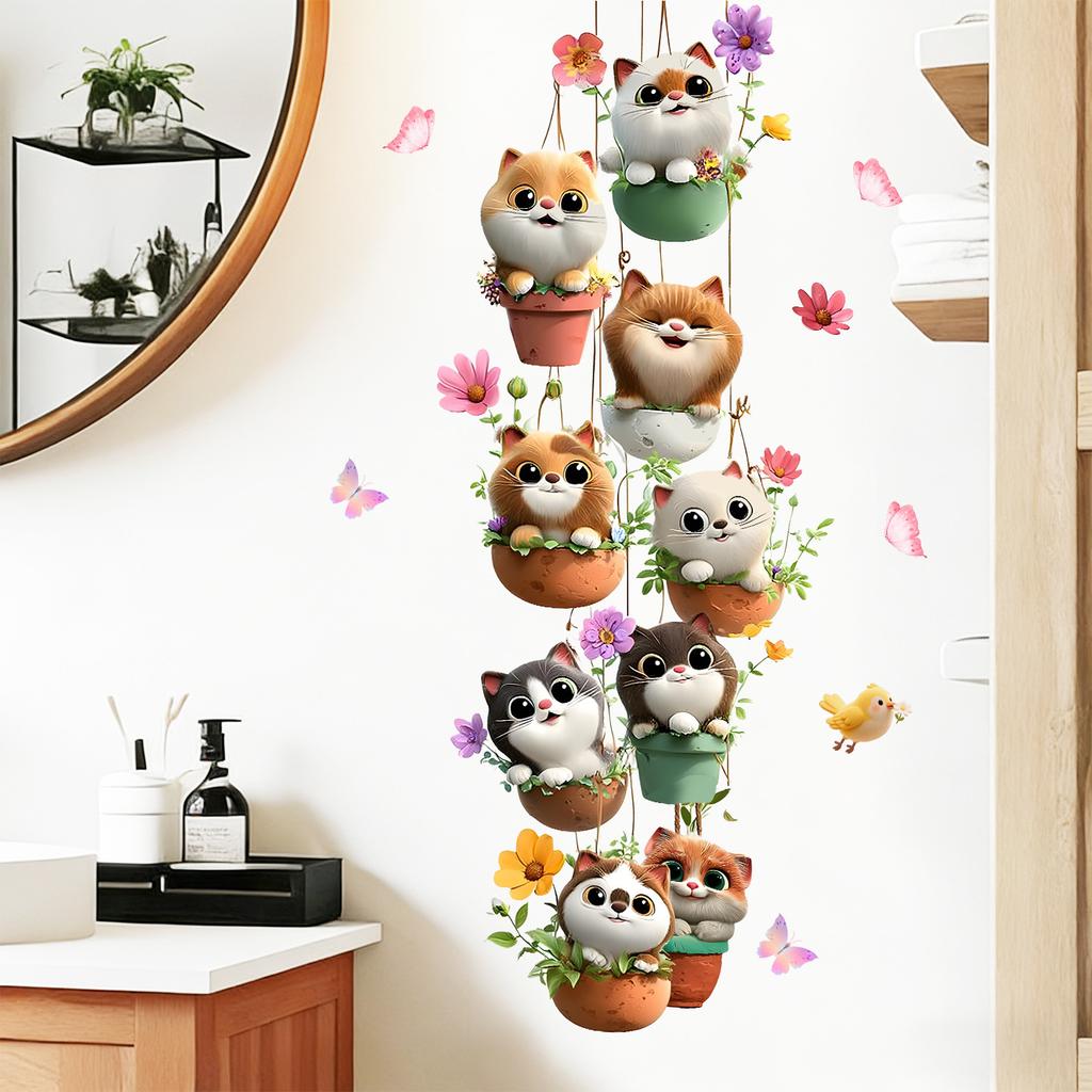 Hanging Cat In Flower Pot Wall Sticker Cute Colorful Cat Floral Butterfly Self-Adhesive Waterproof Bedroom Living Room Home Decor