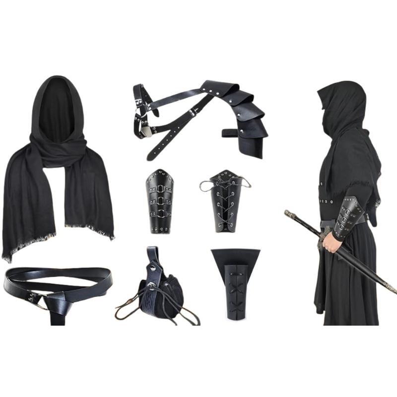 Completing Medieval Knnight Outfit Set Includes Faux Leather Shoulder Armors and Accessories for Historical Reenactments
