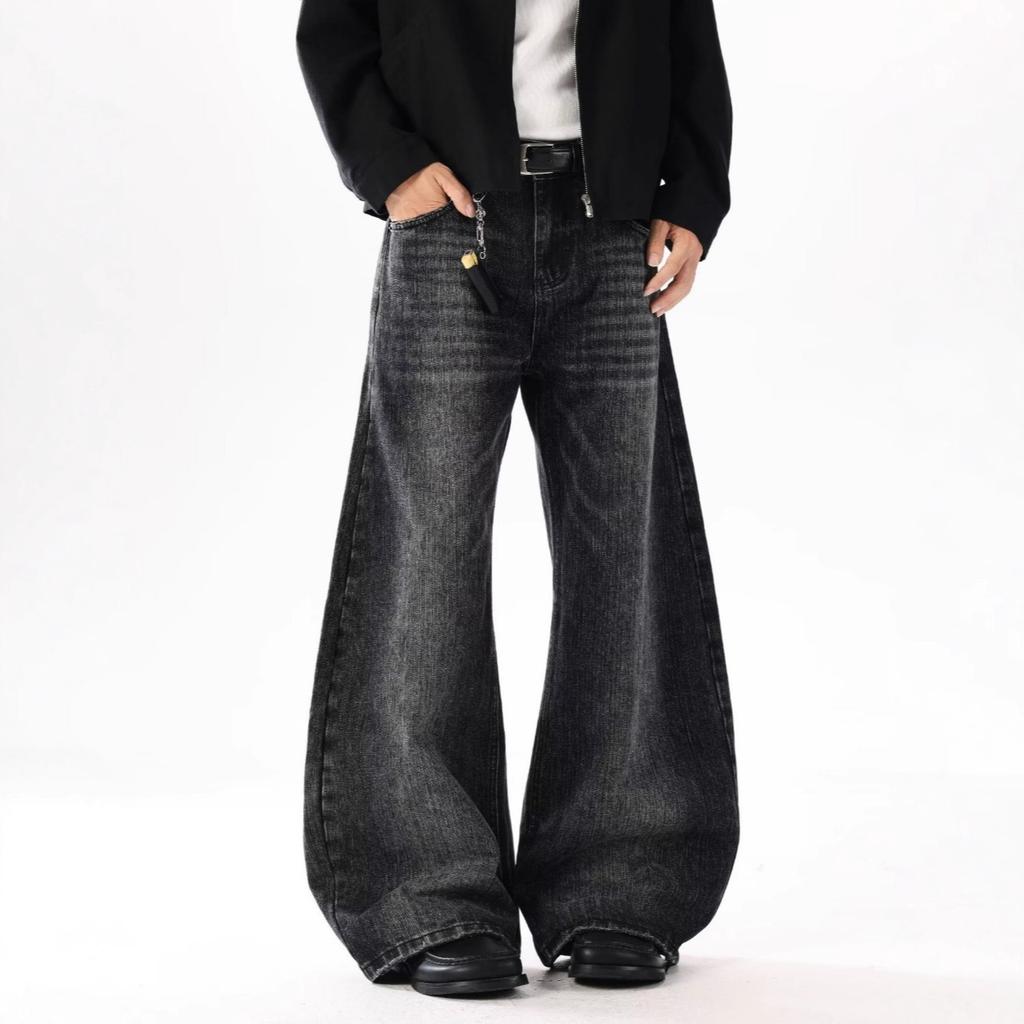 American retro big pocket scimitar jeans men's spring and autumn fashion high street design sense loose wide leg floor pants