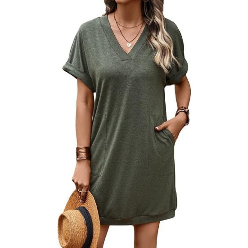 

YYFS Женская мода лето весна однотонный принт короткий рукав V-образный вырез высокая талия повседневные платья XL армия зеленый