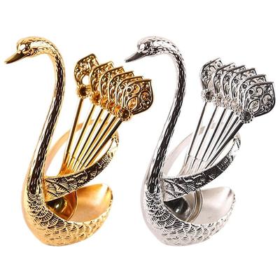 Stainless Steel Dinnerware Set Swan Base Holder with 6 Spoons for Coffee Fruit Dessert Stirring Mixing Spoon