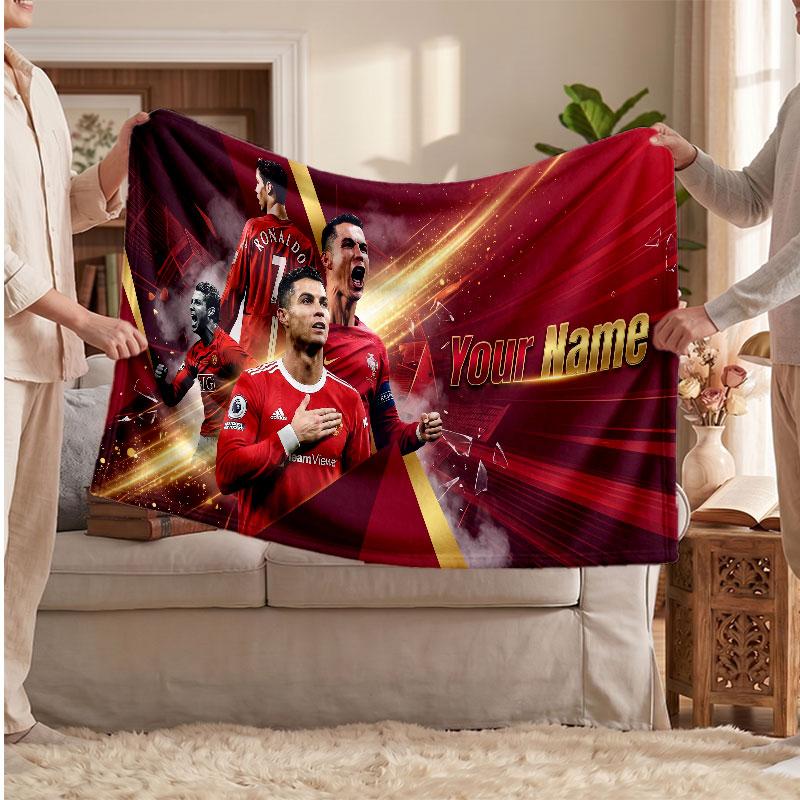 Cristiano Ronaldo Personalized Fleece Blanket With Football Logo, Custom Name Text Soft Warm Home Throw Blanket