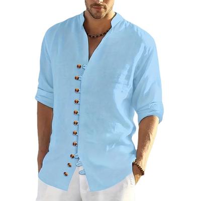 Multi Button Katoenen Linnen Overhemd Effen Kleur Lange Mouw Henley Kraag Overhemden Strand Hawaï Vakantiekleding Streetwear Vintage Middeleeuwse Overhemden