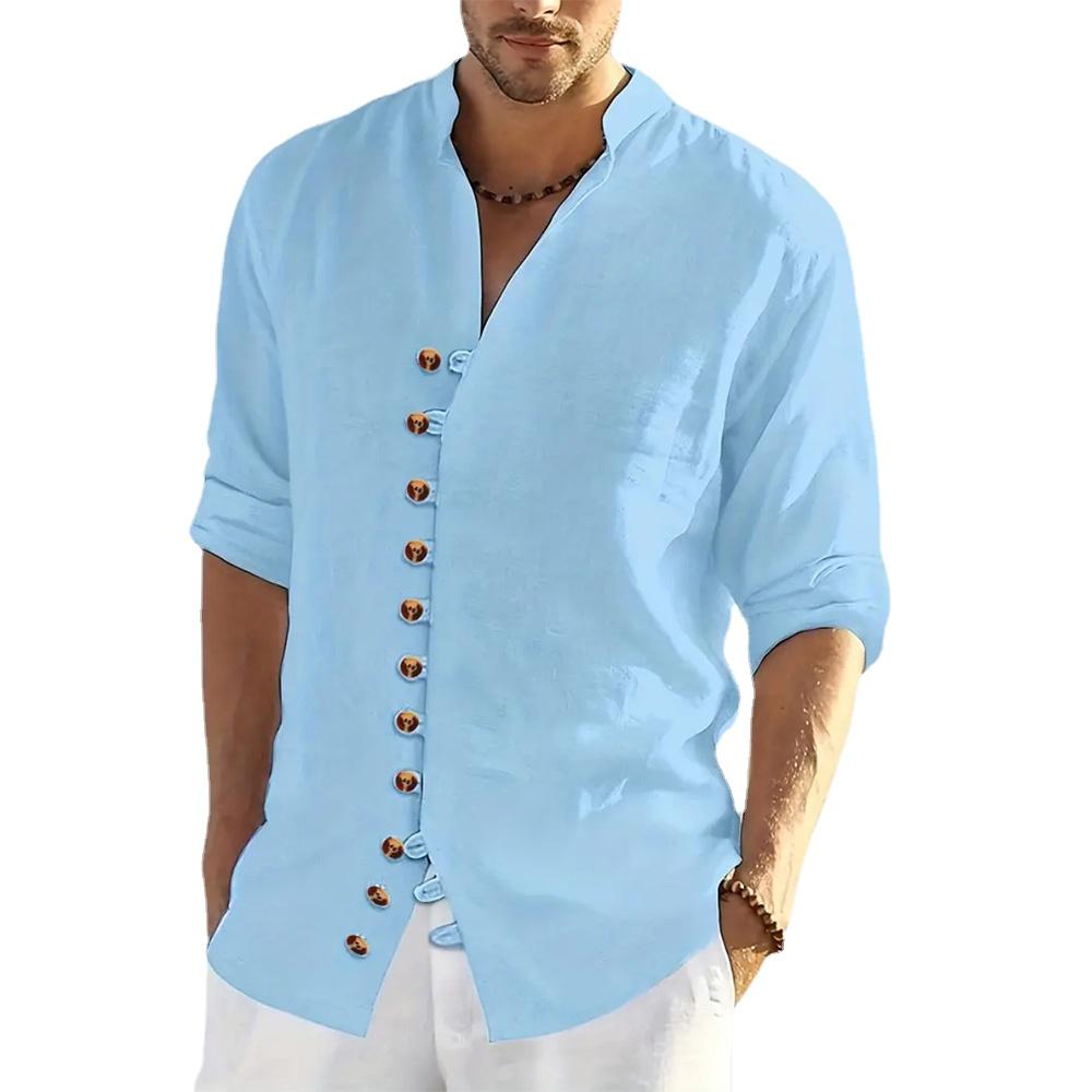 

Бавовняна лляна сорочка з кількома ґудзиками Однотонні сорочки з довгими рукавами і коміром на пуговицах Пляжний святковий одяг на Гаваях Вуличний одяг Вінтажні середньовічні сорочки L синій