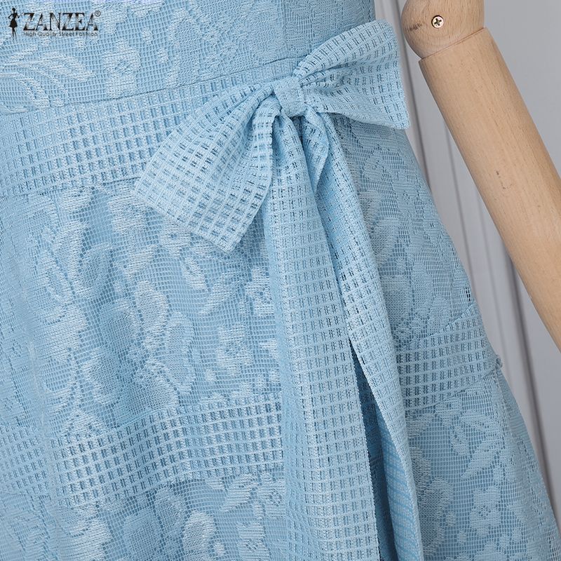 ZANZEA Women Elegant Square Collar Short Sleeve Lace Patchwork Dress