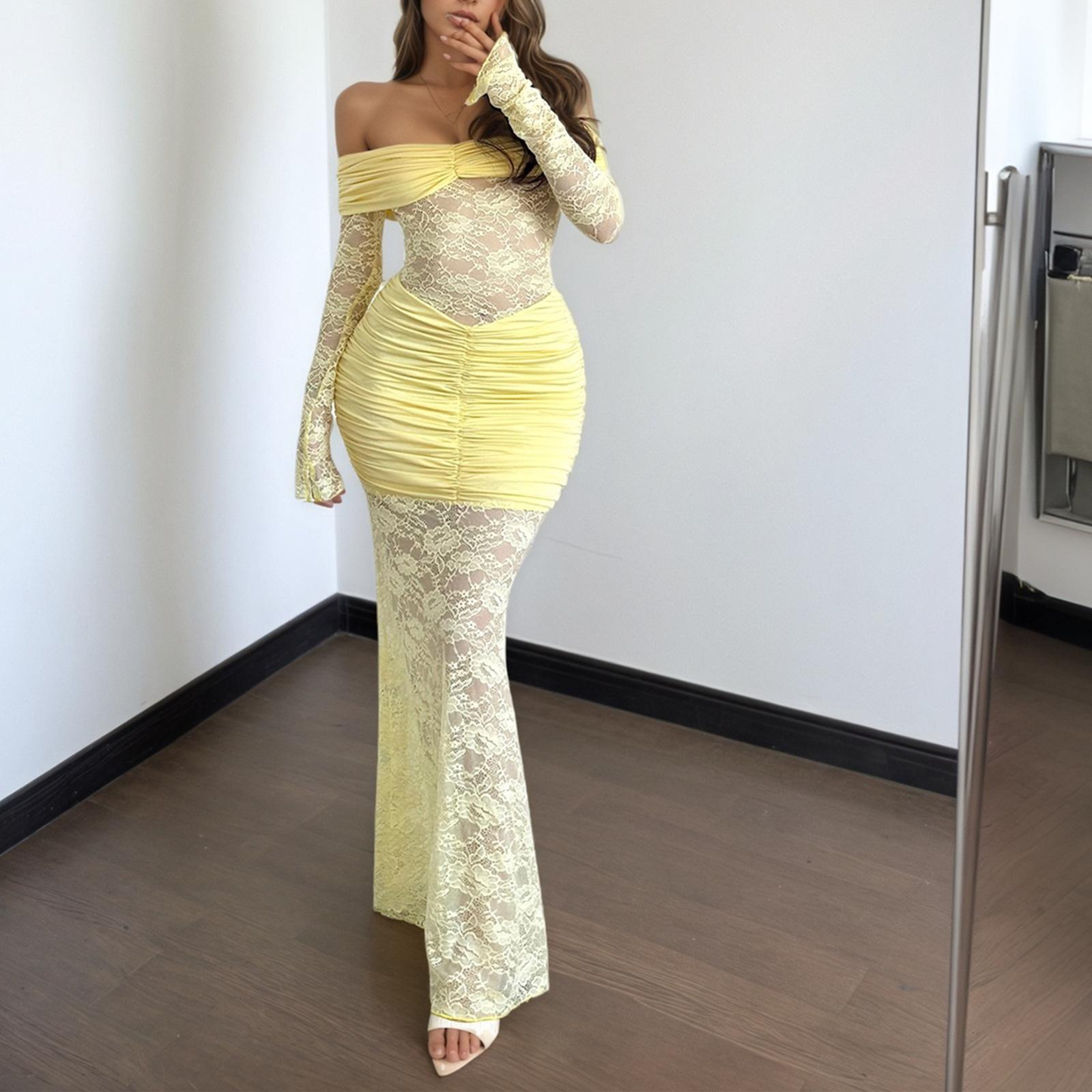 

Women s autumn new sexy one-word shoulder lace splicing pleated long-sleeved hip-wrapped dress women L жовтий