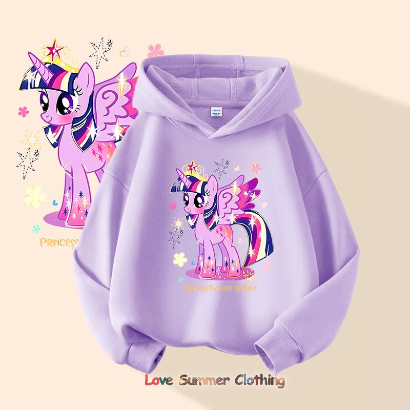 

2025 миле худі Мультяшна дівчинка Принт поні Худі для маленьких дівчаток Повсякденний круглий виріз Довгий рукав на осінь 4-14 років 160