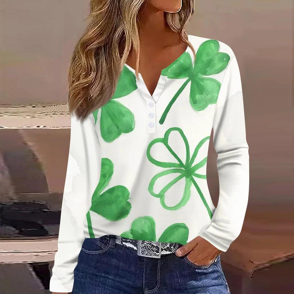 Women's Fashion Casual Printed V-neck Long Sleeve Button Up T-shirt Top
