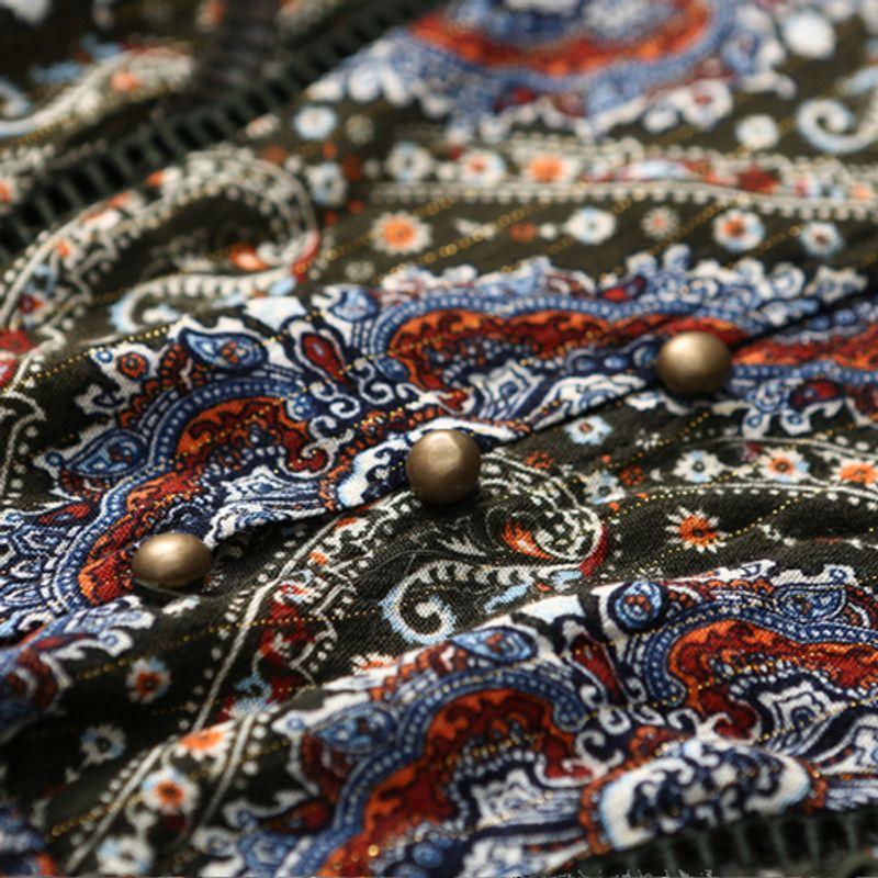 Foreign Trade Order French style Retro Print Small Girl V-neck Hollow out Bright Silk Drape Viscose Long sleeve dress