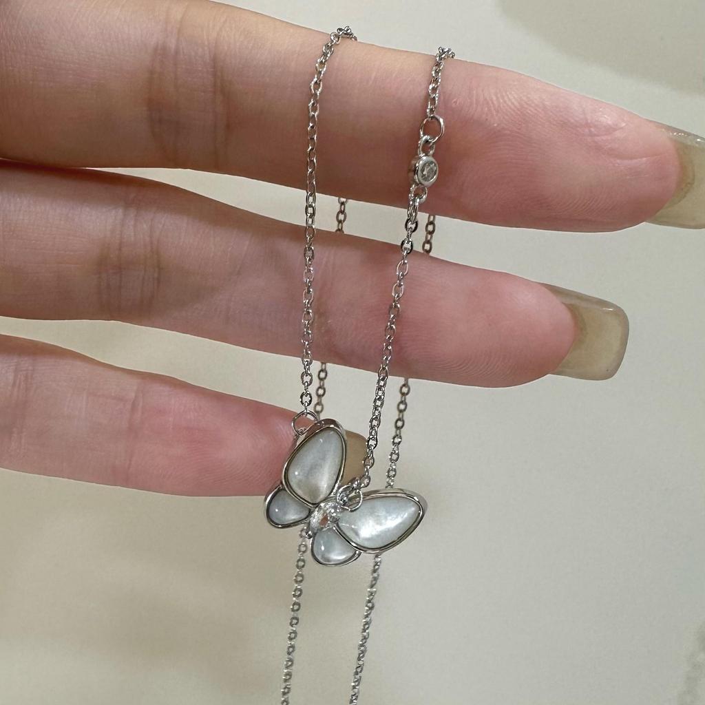 S925 Sterling Silver Butterfly Necklace with Natural Mother-of-Pearl - Elegant Women's Clavicle Design