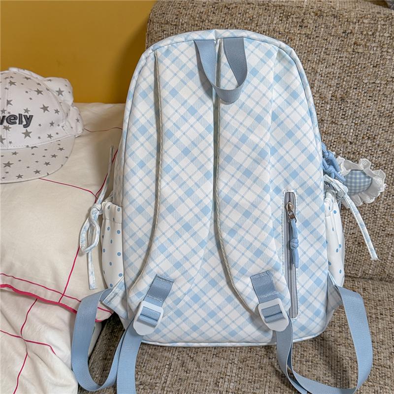 Cute Gingham Polka Dot School Backpack with Bow Detail Lace Trim Lightweight Zipper Daypack for Teen Girls Travel
