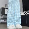 Women's High Waist Blue Plaid Wide-Leg Pants - Petite, Loose-Fit, Casual Summer Style