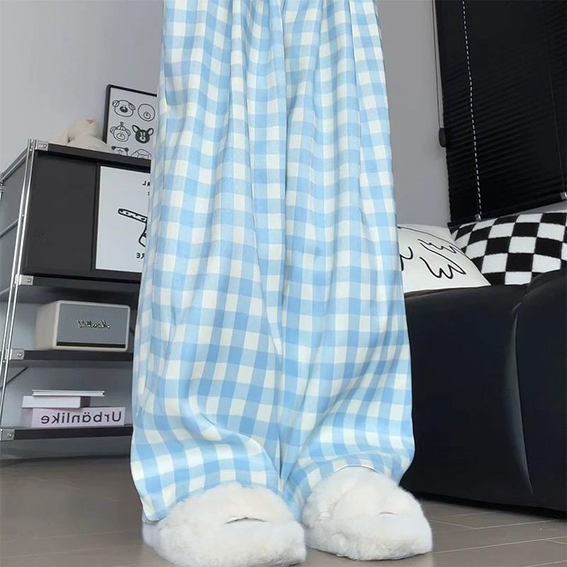 Women's High Waist Blue Plaid Wide-Leg Pants - Petite, Loose-Fit, Casual Summer Style