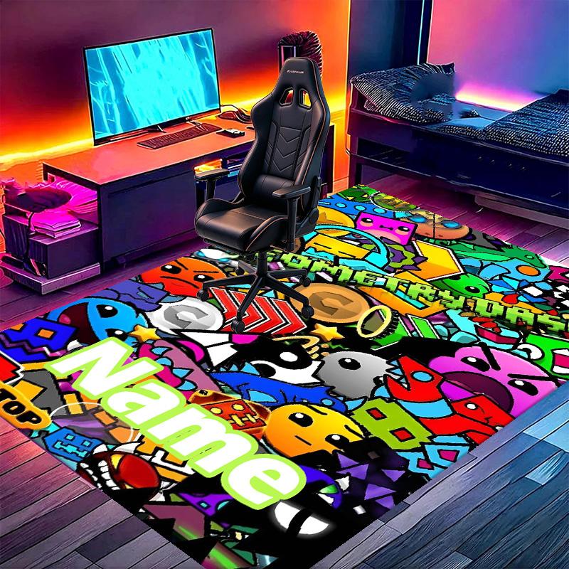 Custom Name Personalized Geometry Dash Print Carpet, Versatile Home Decor Rug, for Playroom, Apartment, Balcony, Entryway, Hallway Gift