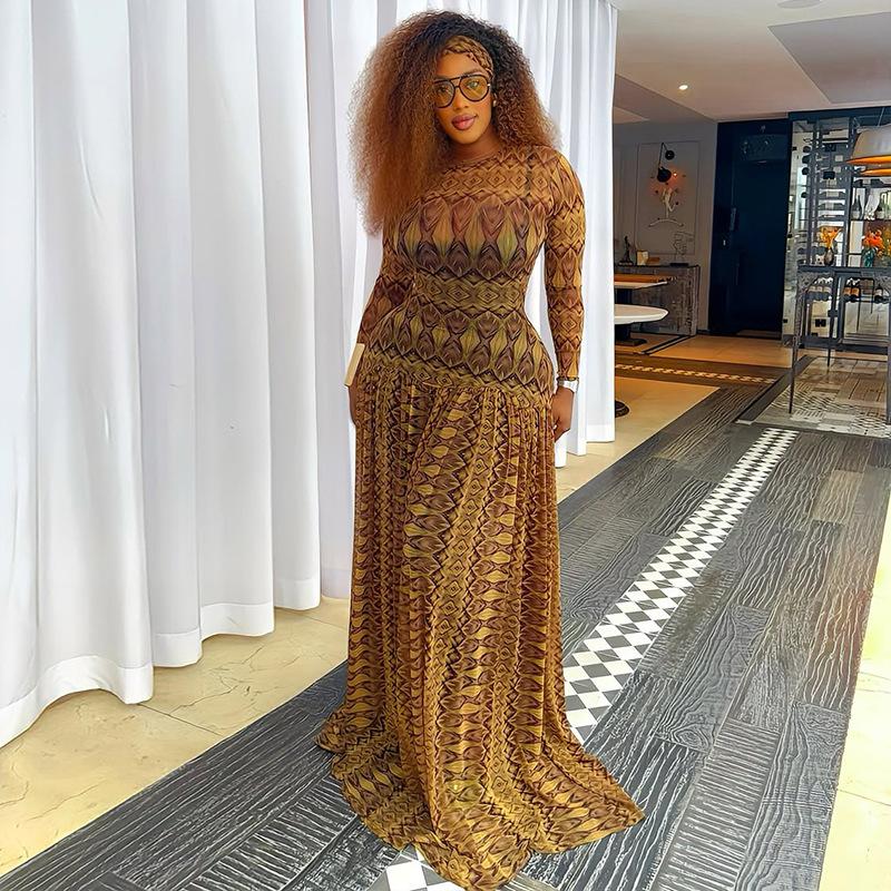 WX011428WMC Vintage Elegant Printed Maxi Dress Round Neck Long Sleeve Slim Waist Sheer A Line Dress African Evening Dress Wholesale Factory