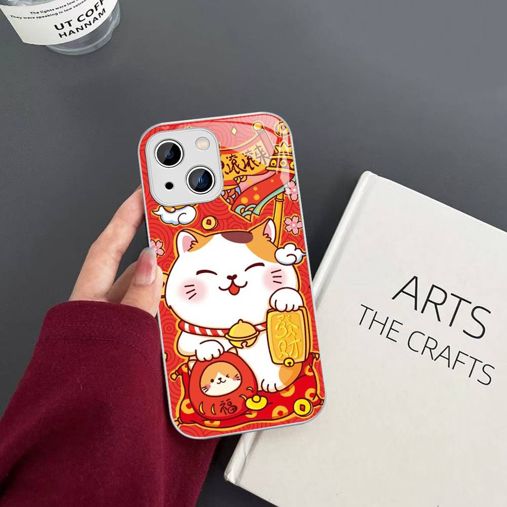Maneki Neko Lucky Money Cat Tempered Glass For Iphone 14 13 12 11 Pro Mini XS MAX 14Plus X XS XR Cover
