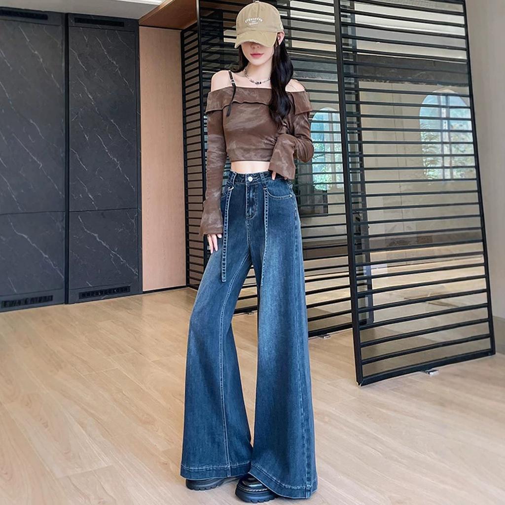 Swing wide-leg jeans for women's autumn new high-waisted loose elastic drawstring design straight-leg pants
