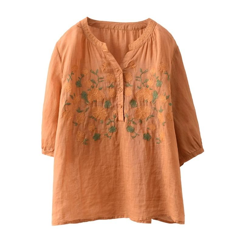 DIMANAF 2025 Summer Plus Size T-Shirt Women Embroidery Short Sleeve V-Neck Vintage New Loose Tops Tees Maxi