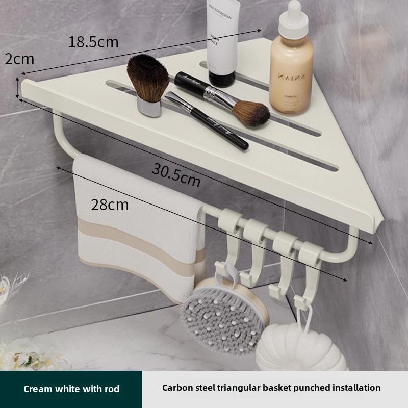 Summer Bathroom Triangle Drain Shelf, No Drilling Wall Mounted Cosmetic and Toiletries Hollow Carbon Steel Shelf with Hooks
