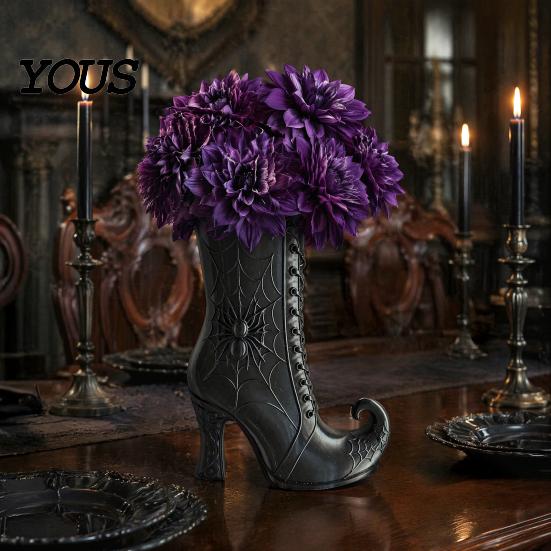 Halloween Themed Floral Display Vessel Witch Boot Vase, Gothic Spider Web Flower Black Decorative Vase with Purple Accents Table