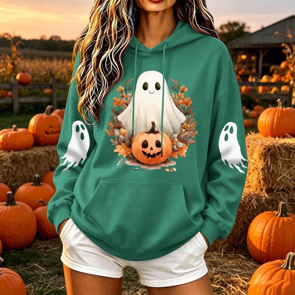 Women's Casual Long Sleeve Loose Fit Pullover Hoodie with Halloween Print