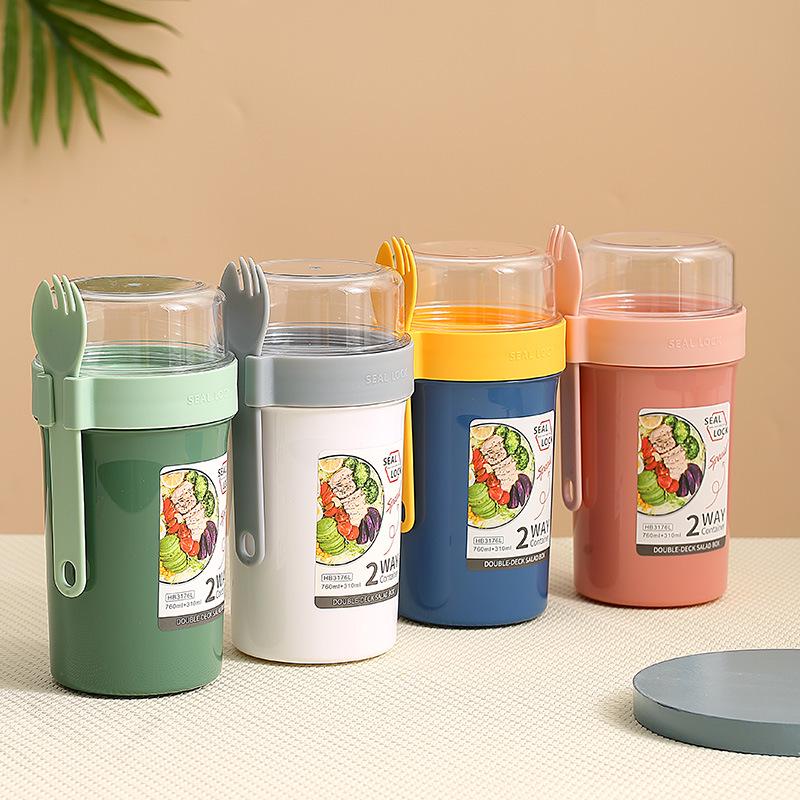 Portable Double-Layer Yogurt and Oatmeal Cup with Lid and Spoon for Salads and Nuts