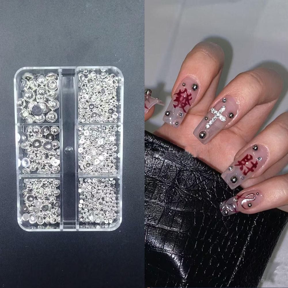 

Универсальные панк-стиль золотые и серебряные заклепки для нейл-арта: Полукруглые твердые бусины разных размеров