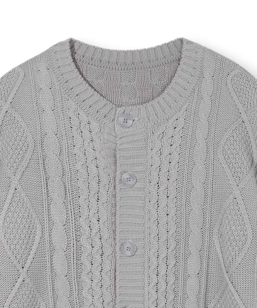 Nodu Fisherman Cable Round Neck Semi-Oversized Long Sleeve Knit Cable Knit Cardigan [Gray]
