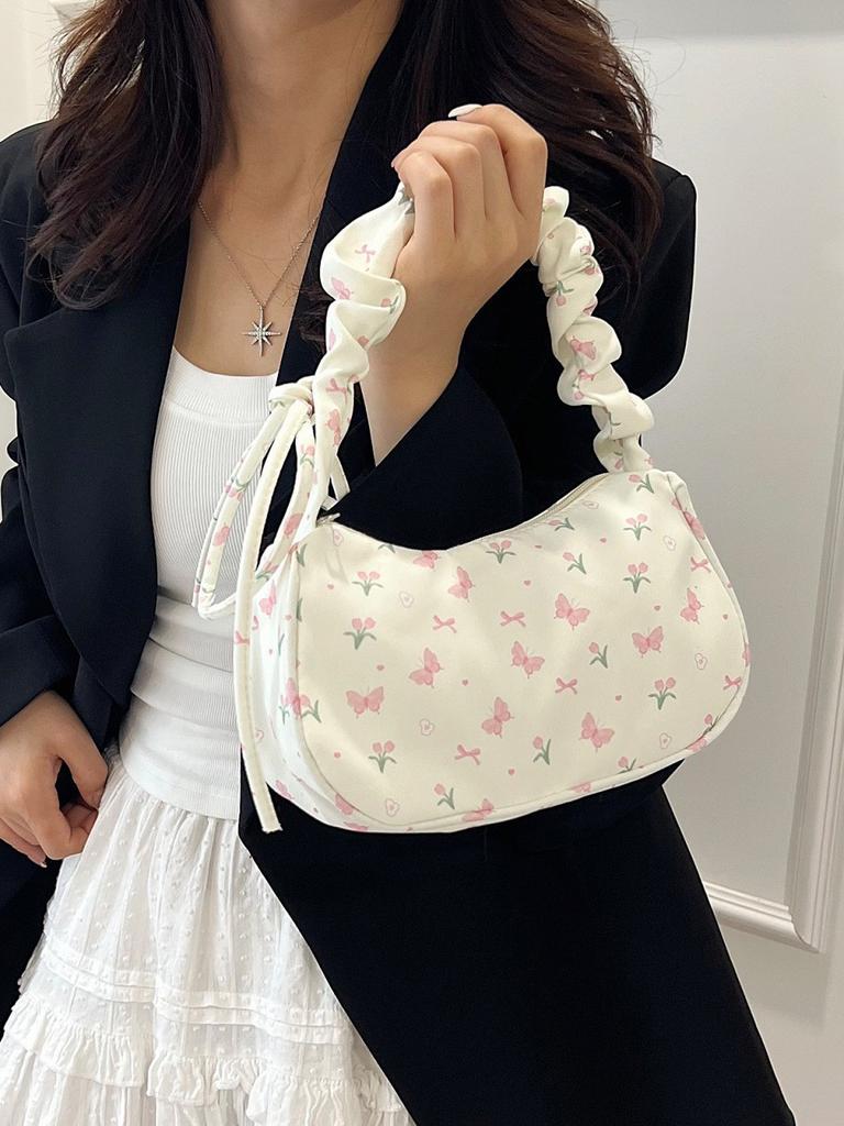 Nylon Floral Canvas Bag For Women With Bow Detail Perfect For Daily Casual Use